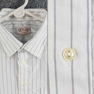 Eton Classic Striped Gray White Cotton Button Up Shirt Men Long Sleeve Pocket